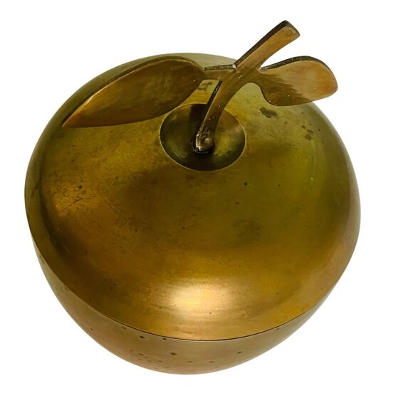 Vintage Brass Apple Container Trinket Box Candy Dish Leaf Handle Lid India 6"x5" - Picture 10 of 11